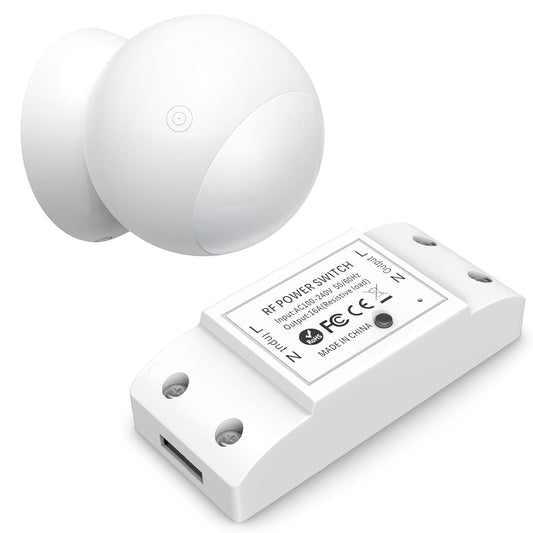 Wireless Motion Sensor Switch Kit with Split Sensor & Switch, PIR Motion Activated Power Switch with Timer, Indoor Motion Detector for Lights & Exhaust Fan (110V-120V) of Bathroom, Garage