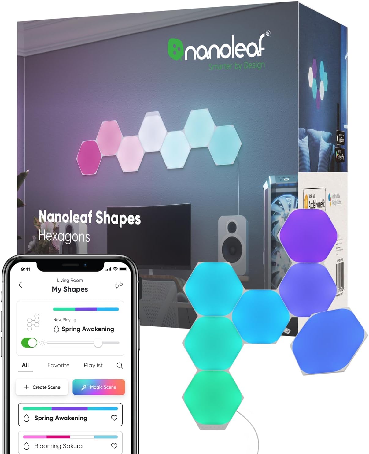 Nanoleaf Shapes LED Wall Lights, RGBW Smart Wall Panels with 16M+ Color, Compatible with Alexa & Google Assistant, Music Sync, DIY Gaming Light for Home Decor (Hexagons Smarter Kit 7 Pack)