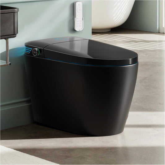 WANSID Black Smart Toilet with Bidet Built In, Auto Open/Close Lid, Heated Seat, Warm Wash & Dryer, Night Light, Soft-Close,Modern Elongated Tankless One Piece Toilets, 1.28 GPF