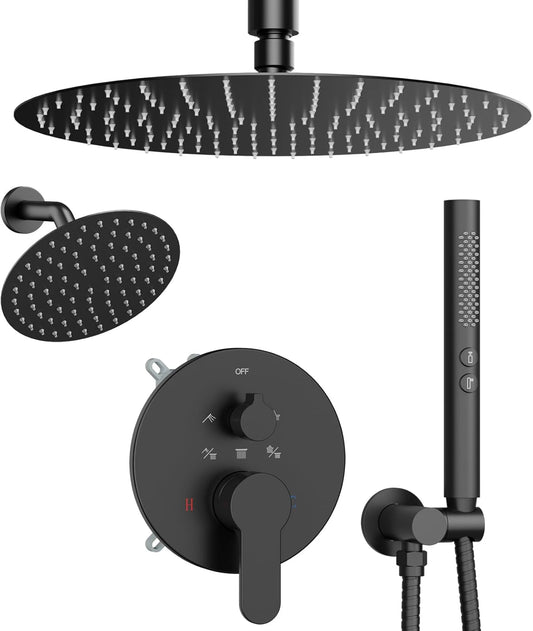 Shower Systems Shower Faucet Sets STARBATH 3 Way 12+6" Round Dual Rainfall Shower Head with Handheld Spray Combo, Ceiling Mounted Rain Shower Valve with 5 Diverter and Trim Kit Complete, Matte Black