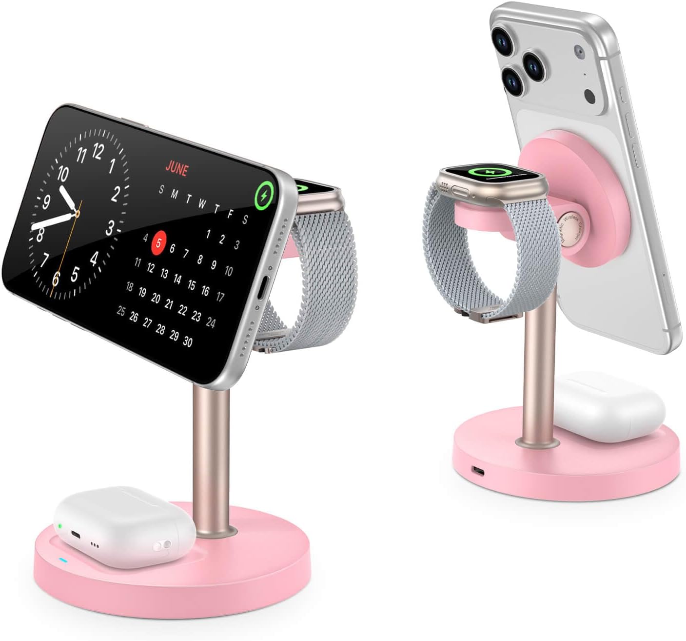 3 in 1 Wireless Charging Station for Apple, 15W Fast Magnetic Charger Stand Wireless Nightstand for Bedrooms, iPhone 17 16 15 14 13 12 Series, Apple Watch, Airpods, Women Gifts (No AC Adapter) Pink