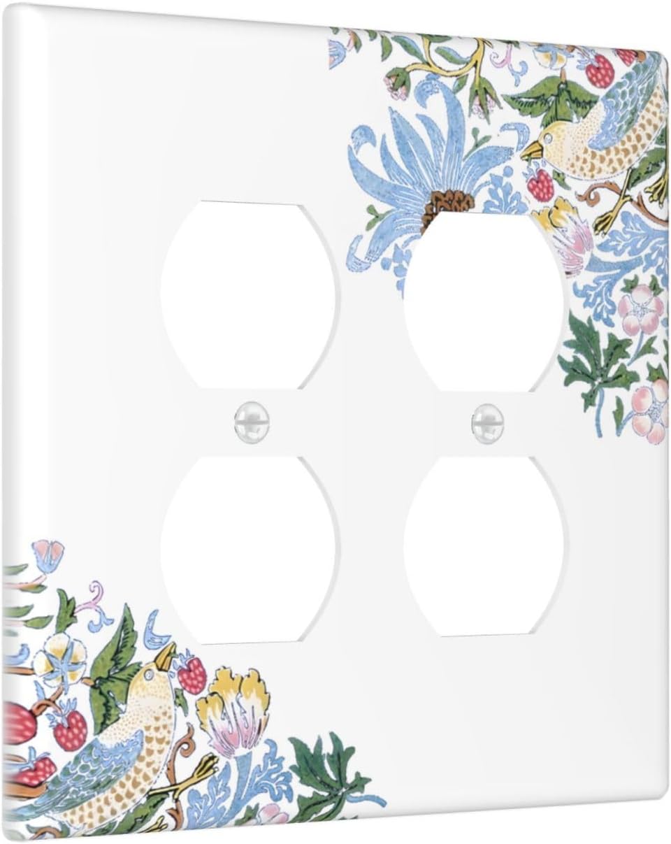 Decorative Outlet Covers Retro Morris Strawberry Rustic Plant Bird 2 Gang Wall Plate Cover Double Duplex Receptacle Two Switch Light Switch Cover Plate Jumbo Dual Faceplate