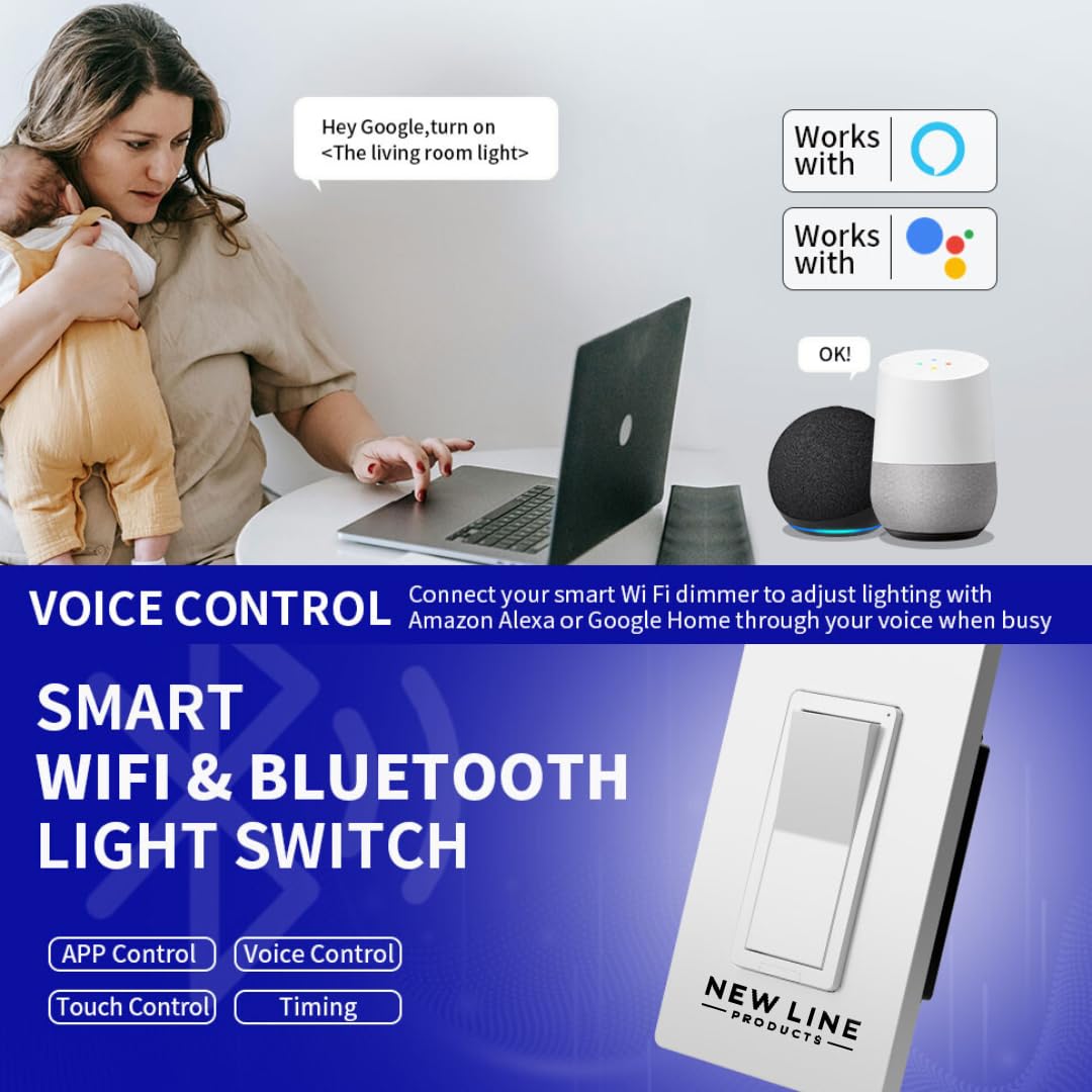 WiFi Bluetooth Smart Light Switch with APP Control Compatible with Alexa and Google Home Voice Control Touch Control Power Cut Off Easy Wall Install Works with Smart Life Tuya Remote Timer