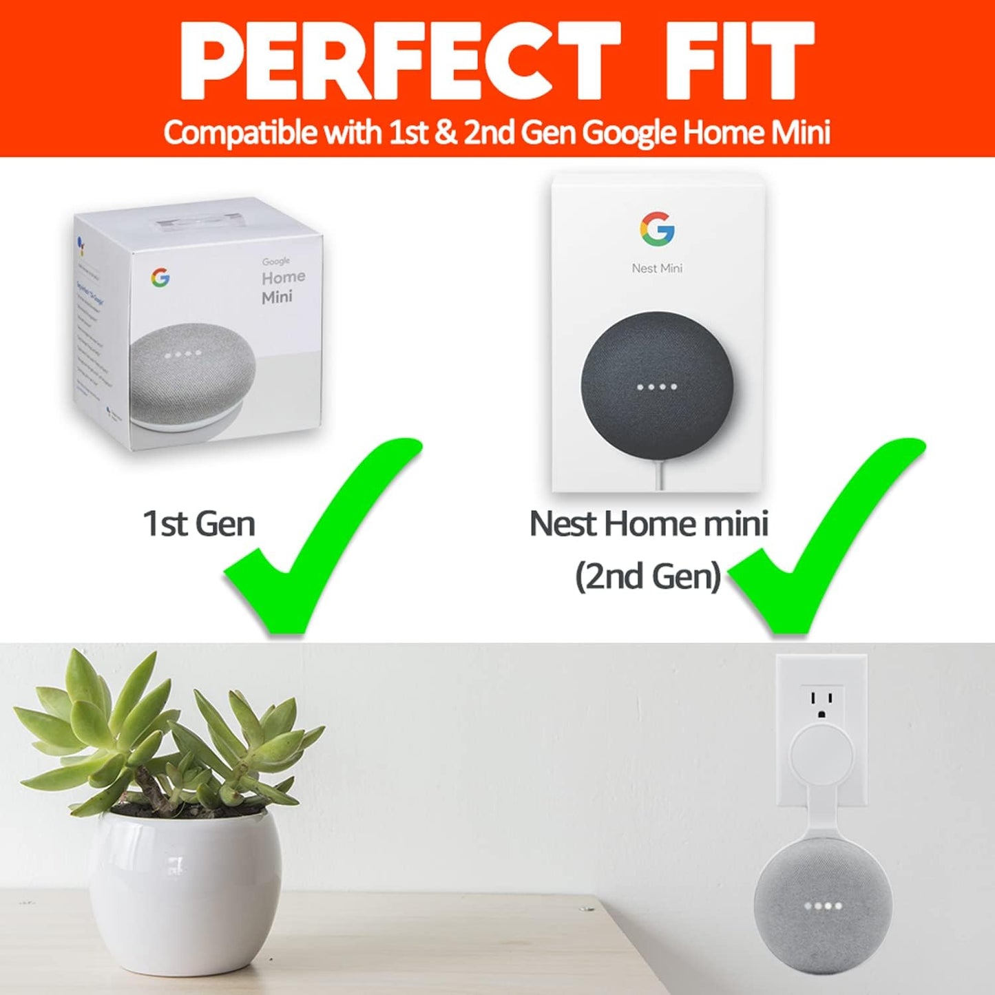 Outlet Wall Mount Holder for Google Home Mini (1st & 2nd Genernation), A Space-Saving Accessories for Google Nest Mini Speaker (White)
