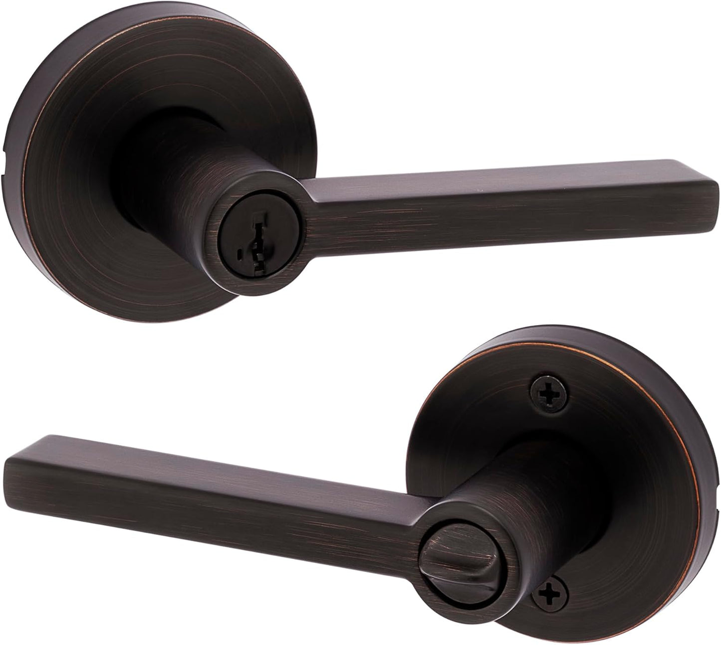 Kwikset Halifax Entry Door Handle with Lock and Key, Secure Round Keyed Reversible Lever Exterior, For Front Entrance and Bedrooms, Venetian Bronze, Pick Resistant Smartkey Rekey Security and Microban