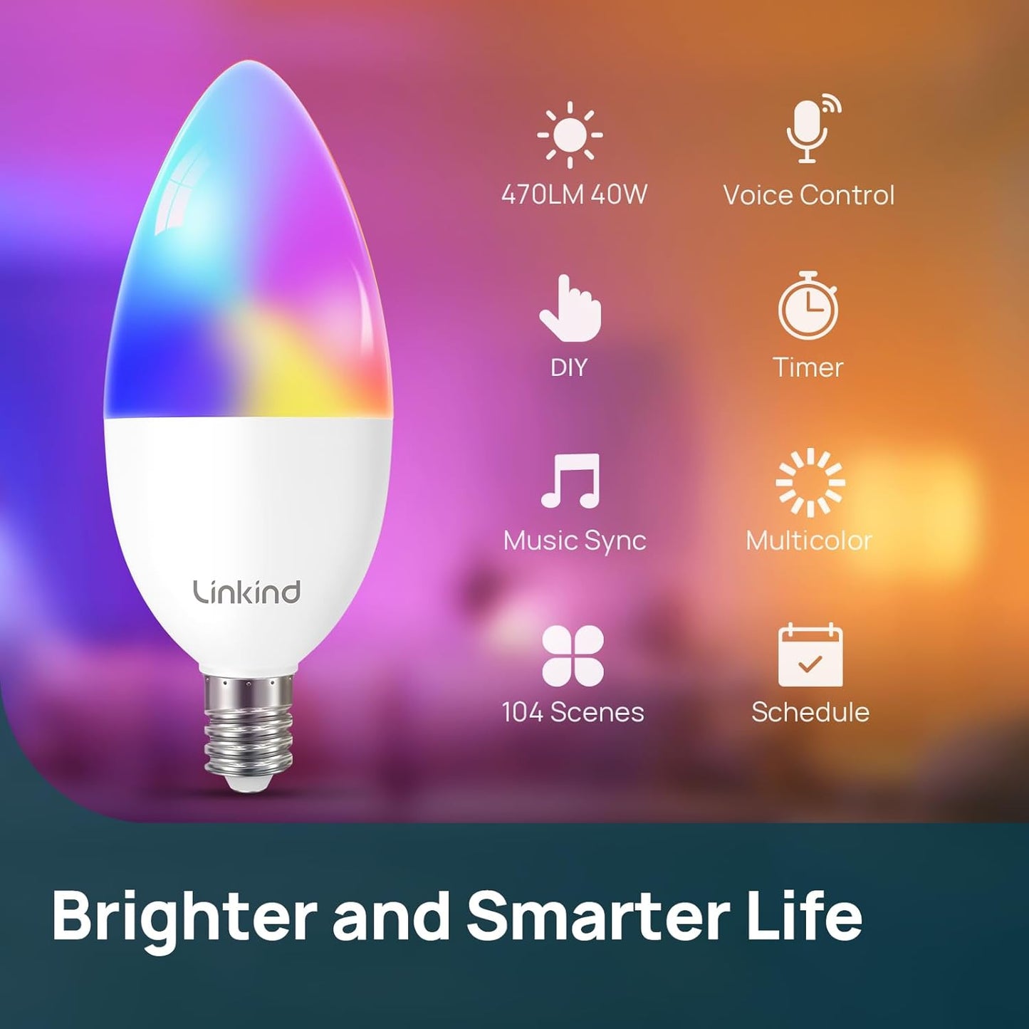 Linkind Matter Smart Bulbs, E12 Led Bulb Works with Alexa/Apple Home/Google Home, Smart Light Bulbs, WiFi Candelabra B11 Bulbs, RGBTW Color Changing Light Bulb, 2.4Ghz WiFi Bulb, 470 LM 6Pack