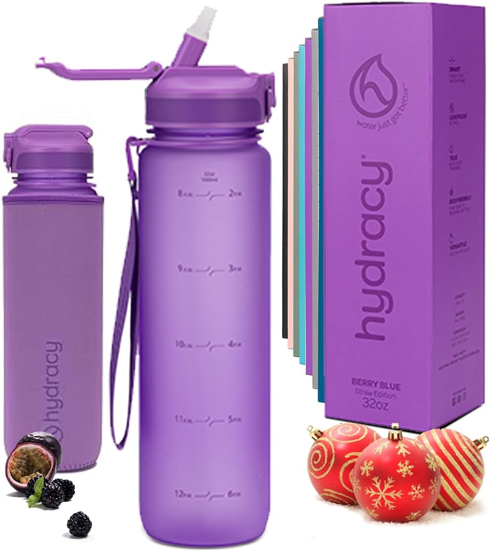 Hydracy Water Bottle with Time Marker -Large BPA Free Water Bottle & No Sweat Sleeve -Leak Proof Gym Bottle with Fruit Infuser Strainer & Times to Drink -Ideal for Fitness Sports & Outdoors