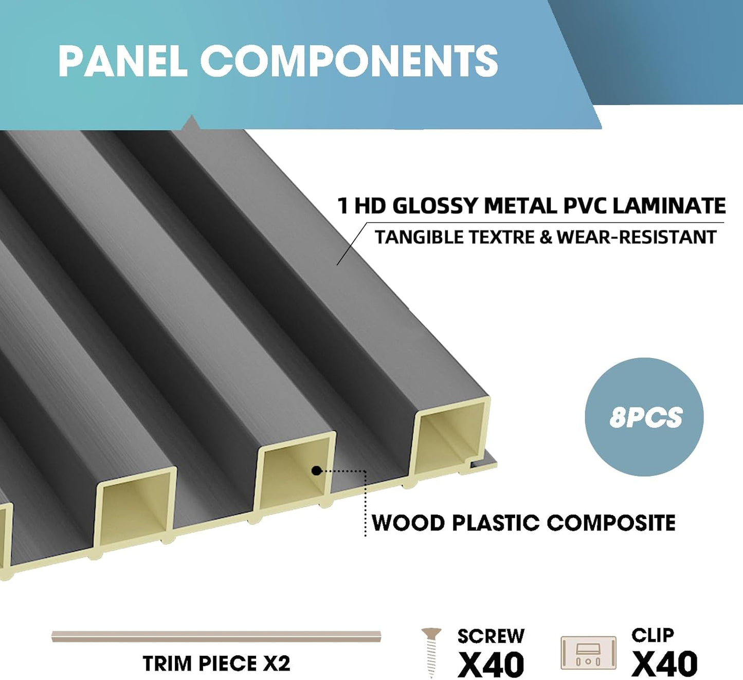 OUZUGIE WPC Acoustic Slat Wall Paneling, 8-Pack 114 x 6 Inches 3D Wall Panels for Interior Wall Decor,Living Room,TV Background,Study Room,Office Spaces,Bedroom,High Grille (Metallic Dark Gray)