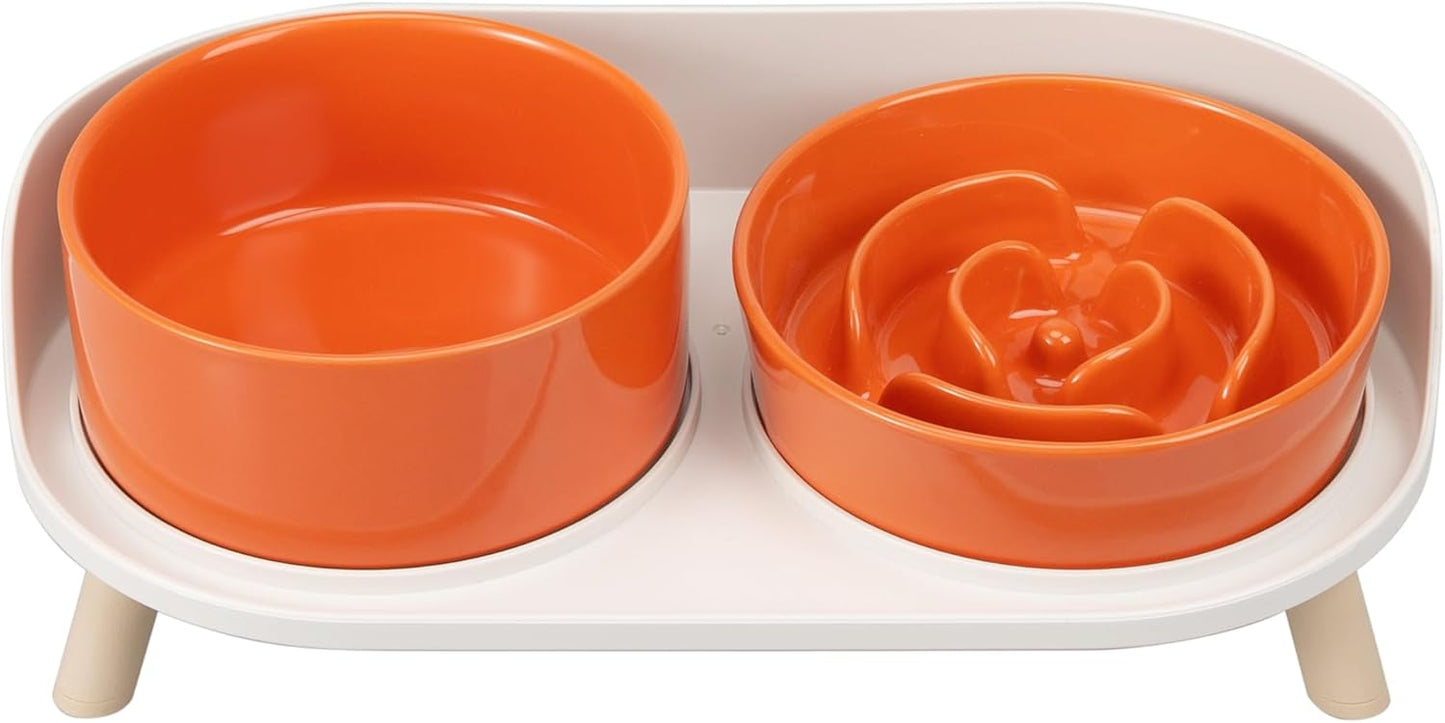 Elevated Slow Feeder Dog Bowls - Ceramic Food and Water Bowl Set with Stand - Raised Pet Dishes for Small and Medium Sized Dogs