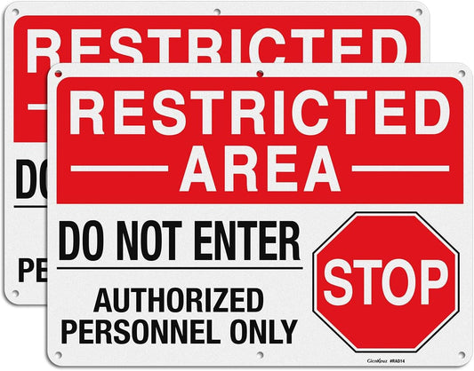GicnKeuz Large "Restricted Area - Do Not Enter, Authorized Personnel Only" Metal Signs, 14 x 10 Inches Reflective Aluminum Signs, Fade Resistant/Waterproof, Easy to Install, Outdoor Use (2-Pack)