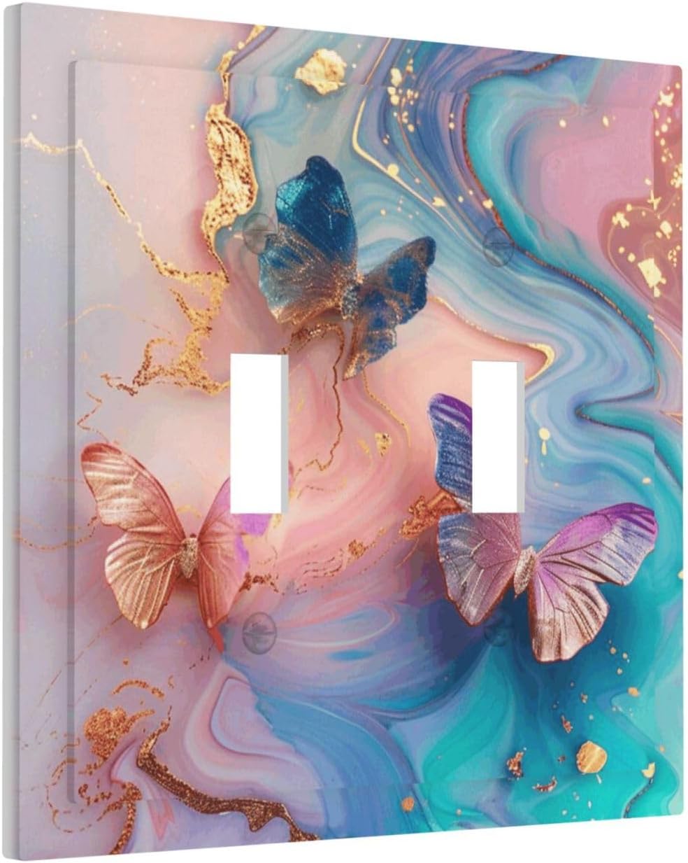 Colorful Marble Butterfly Gold Glitter Abstract Print Decorative Switch Plates 2 Gang Double Toggle Outlet Light Switch Cover Wall Plate Electrical Faceplate for Bed Room Living Room Decor
