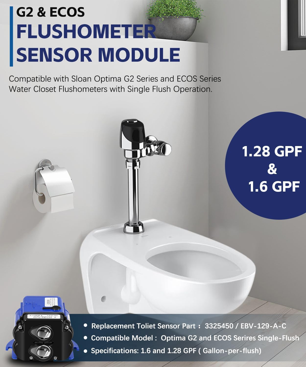 EBV-129-A-C Water Closet Electronic Control Module for Sloan Optima G2 & ECOS Sensor Flushometers 1.28 & 1.6 GPF, 3325450, AXF770 Replacement for Sloan Flush Valve Sensor Module