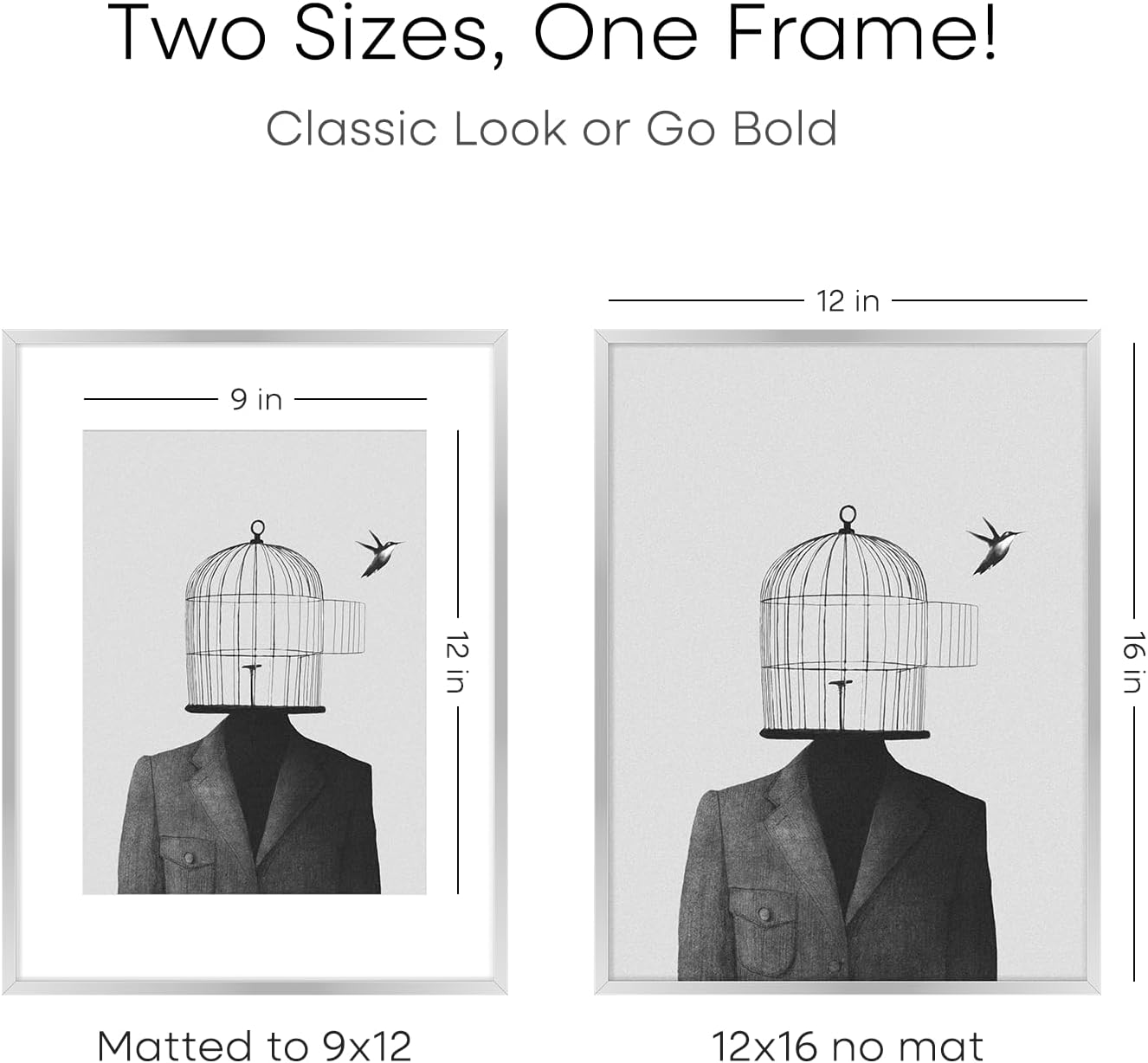 Homeforia 12 x 16 Picture Frame Silver, High End Metal 12x16 Poster Frames with Mat 9x12 Photo, 12 x 16 Silver Frame Matted to 9 x 12 in Print, 16by12 Hanging Frame, Tempered Glass, Wall Kit, Set of 2