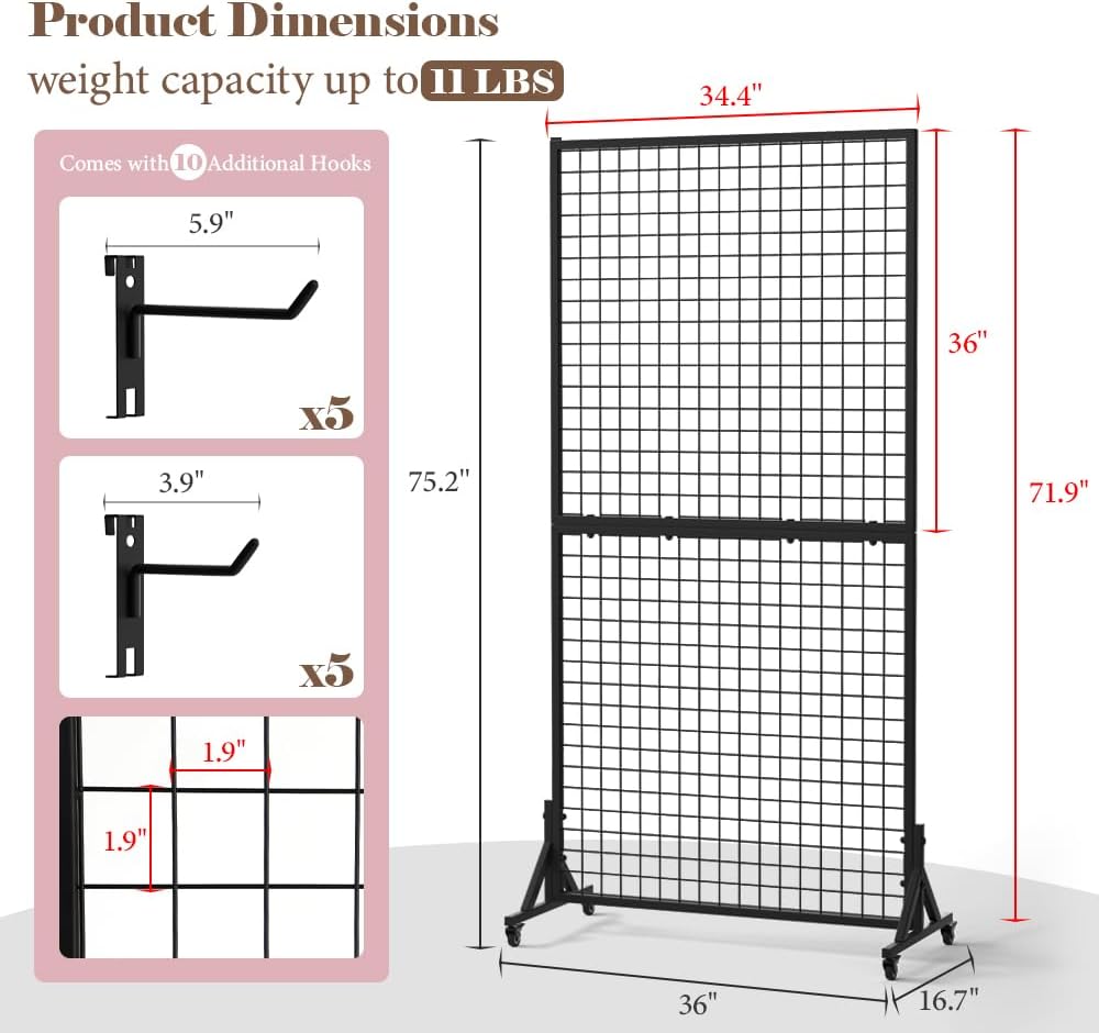 Kokorona 2-Pack 2.9' x 6' Grid Wall Panel Display Stand with 10 Grid Hooks, Wire Grid Wall Display Rack with Rubber Wheels, Floorstanding Art Display Panels for Art Craft Show, Retail Display Stand