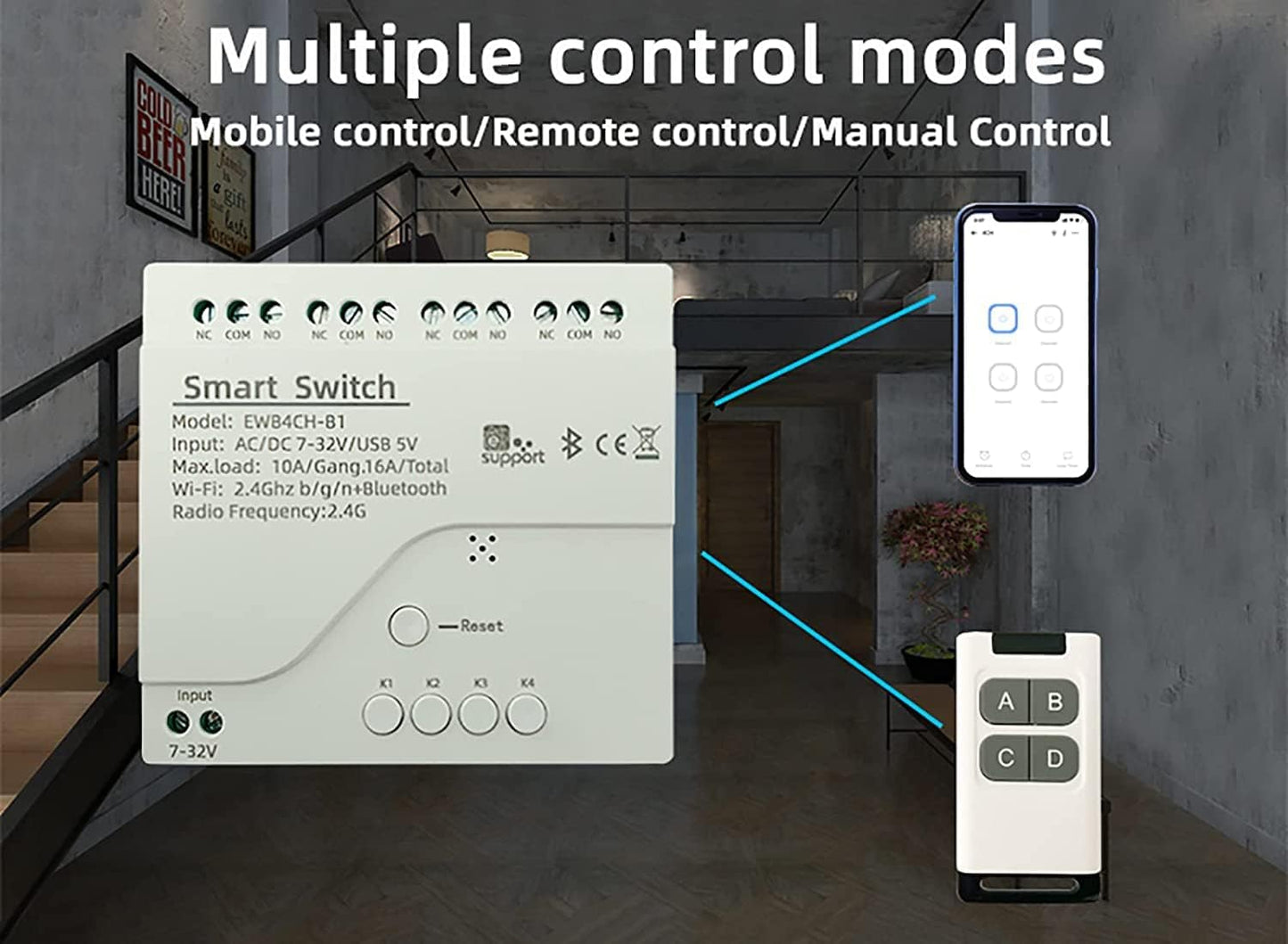 4 Channel Smart Switch, Momentan/Locking WiFi Relay, eWeLink App Bluetooth Control Switch, DIY Smart Home, Compatible with Alexa Google Home