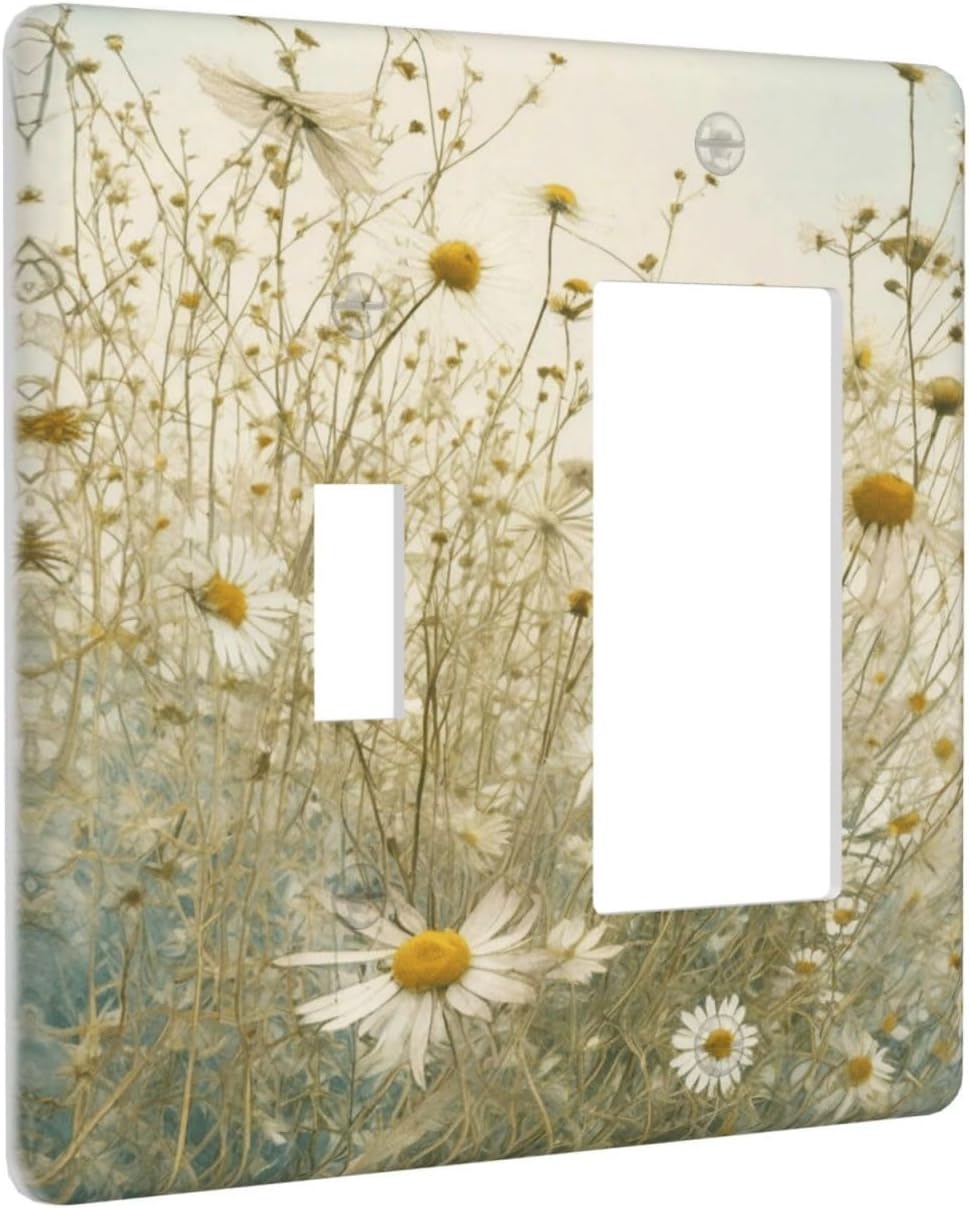 White Wildflowers Daisy Vintage Floral Outlet Covers 1 Toggle 1 Rocker Combination Decorative Wall Plate Electrical Switch Plates Light Switch Cover Plate for Bed Room Living Room Decor