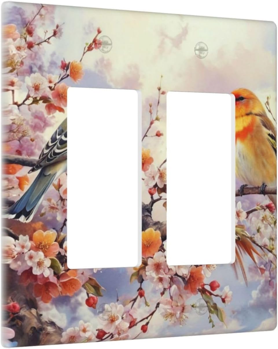 Birds Sitting on Flowers Tree Branch Dual Outlet Covers Wall Plate 2 Gang Rocker Decora Decorative Switch plate Electrical Faceplate GFCI Light Switch Covers for Farmhouse Living Decor