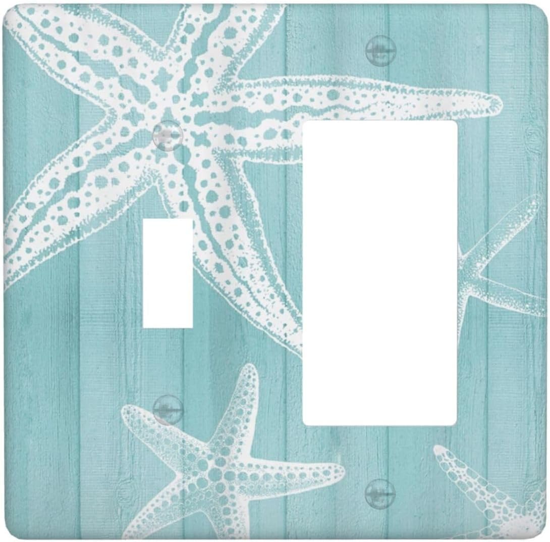 Decorative Outlet Covers Starfish Teal Wood Board Nautical 2 Gang Light Switch Cover Plate Single Toggle 1 Rocker Wall Plates for Electrical Outlets Switch Plate Covers for Bedroom Home Decor
