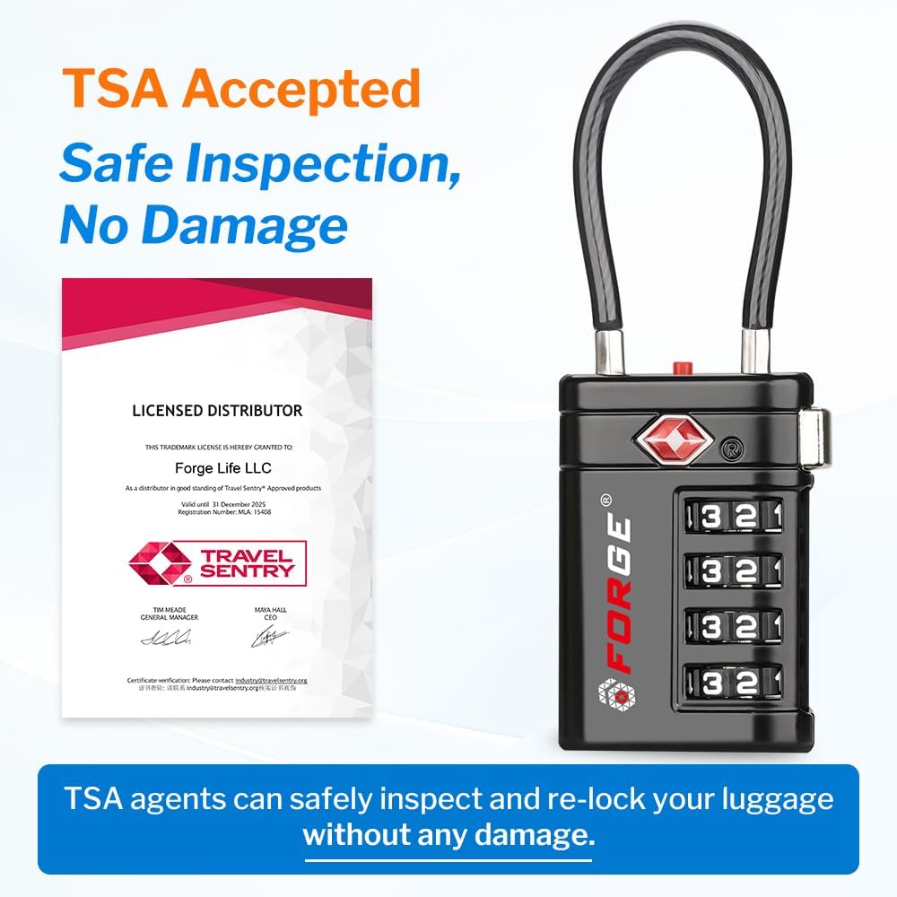 Forge TSA Approved Luggage Locks 4 Digit Combination TSA Travel Locks with TSA008, Open Alert Indicator, Zinc Alloy Body for Luggage, Suitcase, Backpack, and More. 1 Black Lock.