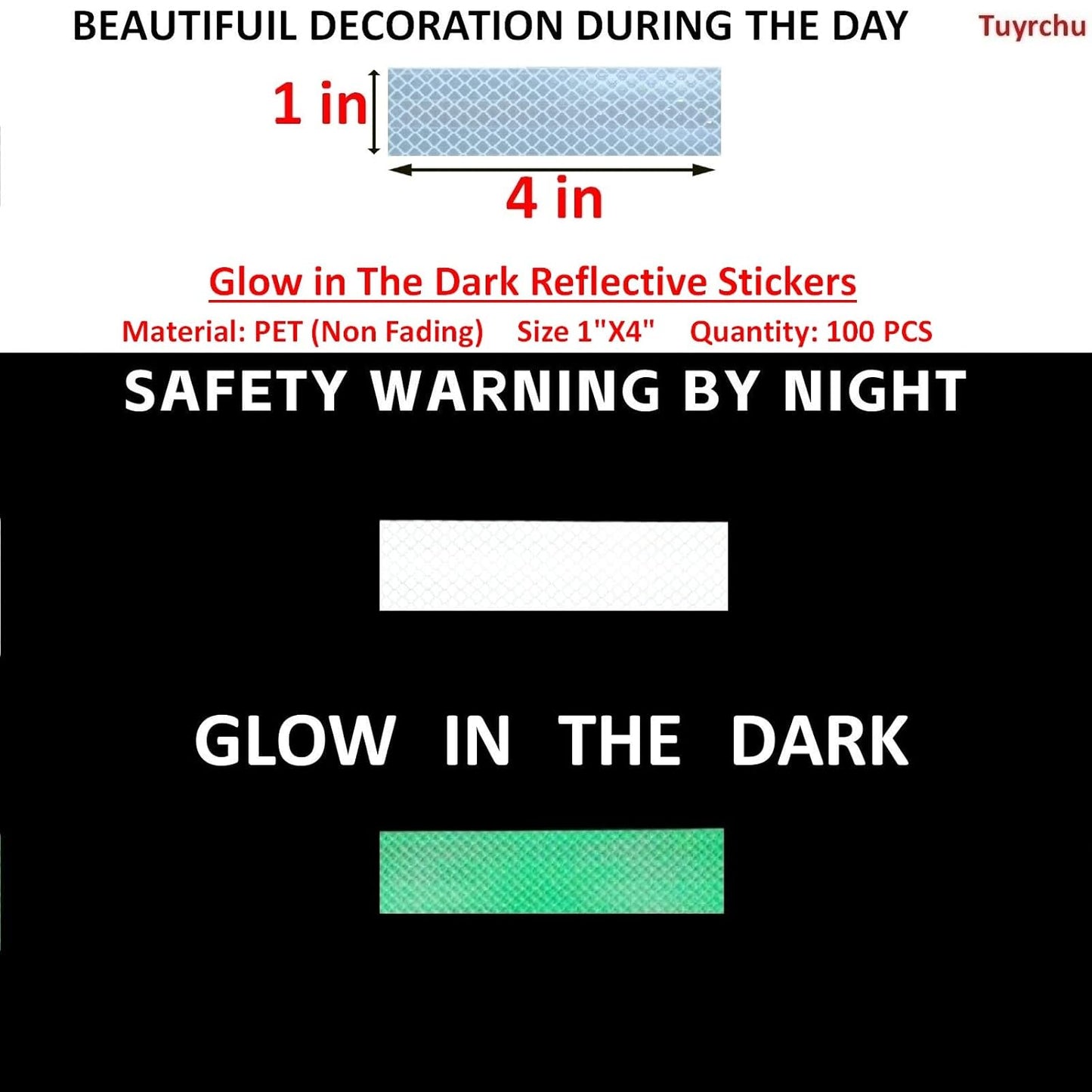 Glow in The Dark Reflective Stickers 1 inch X 4 inch for Car, High Visibility Warning Safety Reflective Strips (100 Pcs)