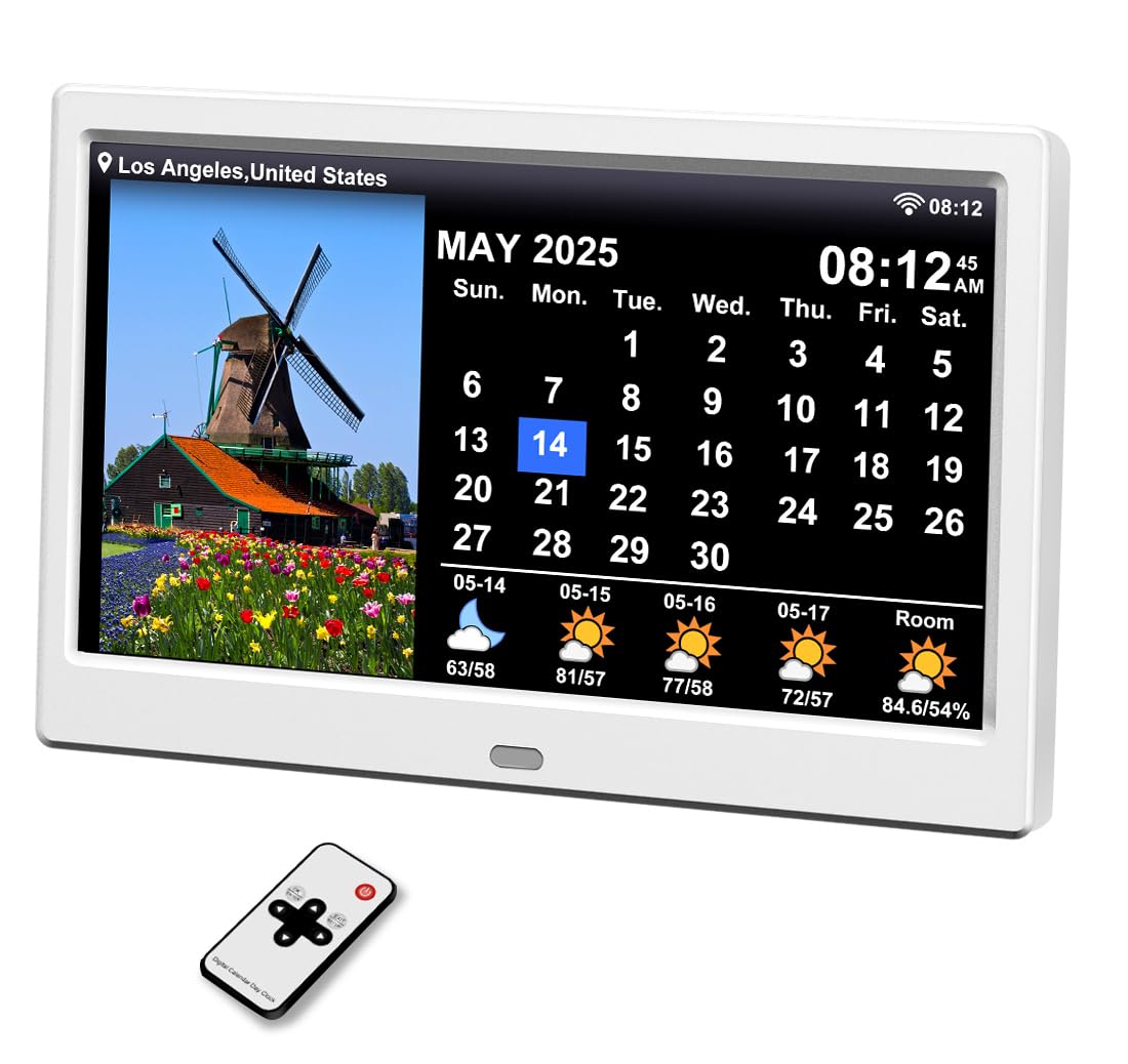 2025 Digital Clock with Auto Time Sync, Weather Forecast, Perpetual Calendar, Photo Frame, Temperature/Humidity Sensor & Custom Alarms - Large Display (White, 10.1 inch)
