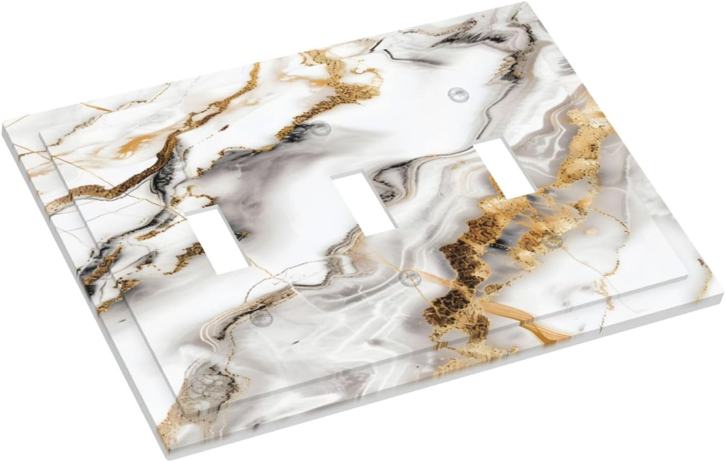Luxurious Marble Abstract White Gold Tile Modern Simplicity Decorative Switch Plates 3 Gang Wall Plate Triple Toggle Light Switch Cover Faceplate Electrical Wall Panels for Bathroom Kitchen Decor