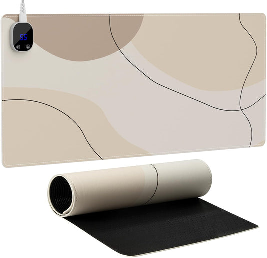 iCasso Heated Mouse Pad Hand Warmer, XL Heated Desk Pad, Electric Warm Desk Mat with 4 Heating Levels for Computer Keyboard, 31.5" x 13" Large Mousepad for Home Office Work (Brown Art)