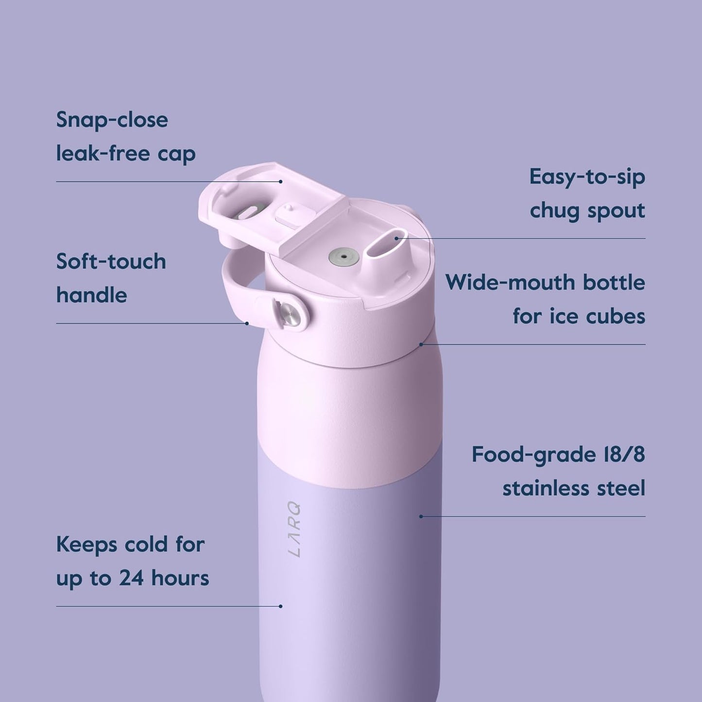 LARQ Bottle Swig Top 23oz - Insulated Stainless Steel Water Bottle With Built-In Silicone Handle | BPA Free | Reusable Water Bottle for Sports, Gym, and Travel, Luberon Lavender