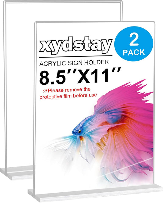 8.5 x 11 Acrylic Sign Holder 2 Pack, Vertical T Shape Clear Plastic Menu Holder, Unbreakable Table Sign Holder for Restaurant, Office, School, Store and Home Use