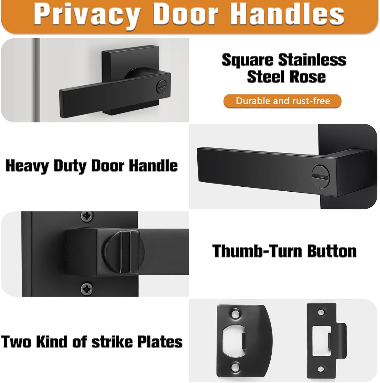 Probrico Interior Black Door Handle, Heavy Duty, Flat Square Privacy Door Handles, Keyless Door Levers Lockset for Bedroom and Bathroom (3 Pack, Modern)