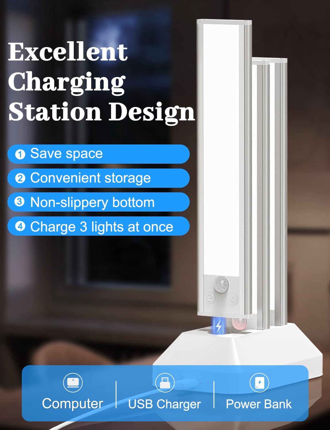 2000mAh Rechargeable Motion Sensor Light Indoor, Under Cabinet Lighting with Charging Station, 3 Color Tempers Dimmable Closet Lights Wireless, Magnetic Under Cabinet Lights for Kitchen, 6-Pack