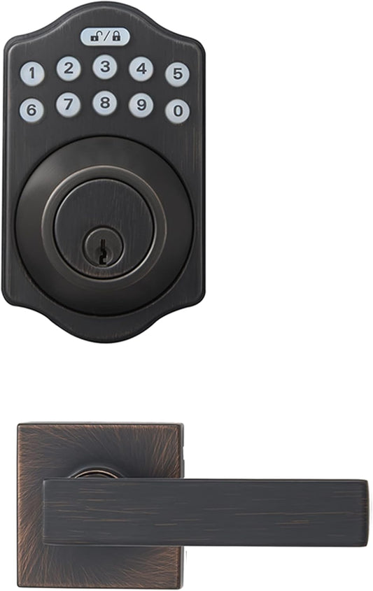 Amazon Basics Traditional Electronic Keypad,Keyless Entry Door Lock Deadbolt with Handle Set, Key Pad Front Door with Knob, Traditional Door Locks for Front Door Handle, Oil Rubbed Bronze, 1-Pack