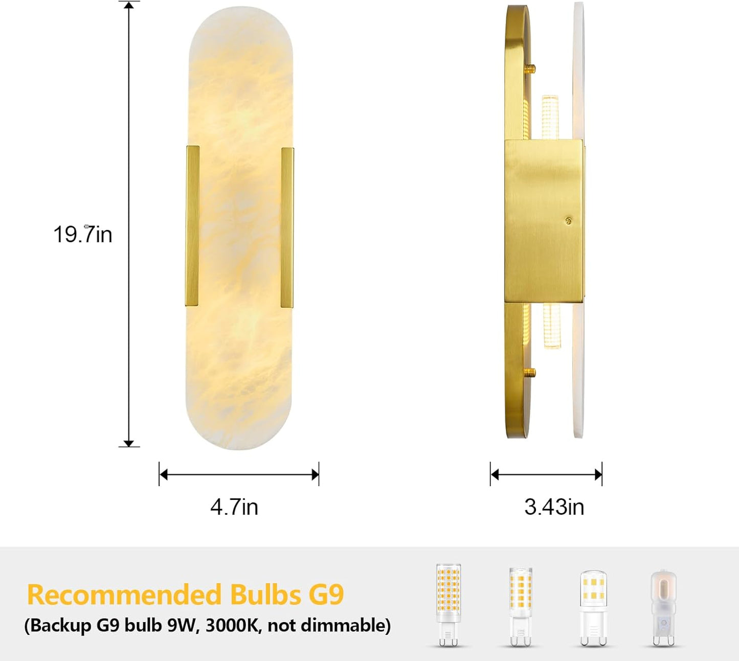 Brass Alabaster Wall Sconces Set of Two, Modern Natural Marble Wall Sconces for Indoor Lighting, 19.7 in Gold Wall Lights for Bathroom Dining Room Stairs Bedroom