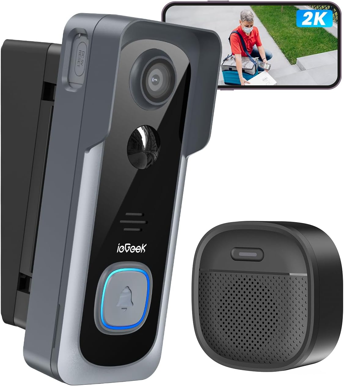 ieGeek 2K Wireless Doorbell Camera No Subscription with 145° Adjustable Angle Mount, Smart Video Doorbell with Chime, Motion Detection, 2-Way Talk Voice Changer, Works with Alexa, Only 2.4Ghz WiFi