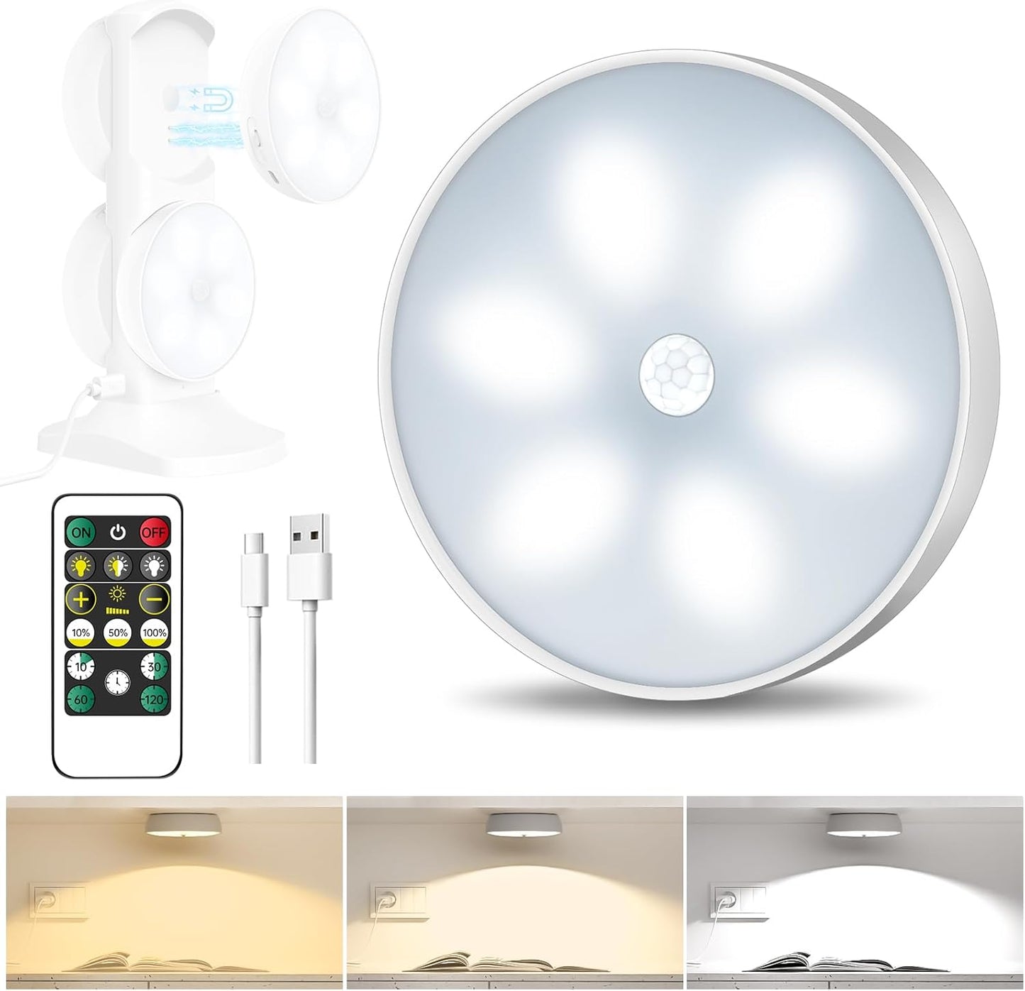 3 Colors Temperatures LED Closet Light Motion Sensor Step Light Compatible with Charging Station, USB Rechargeable Battery Operated Puck Light (1 Pack)