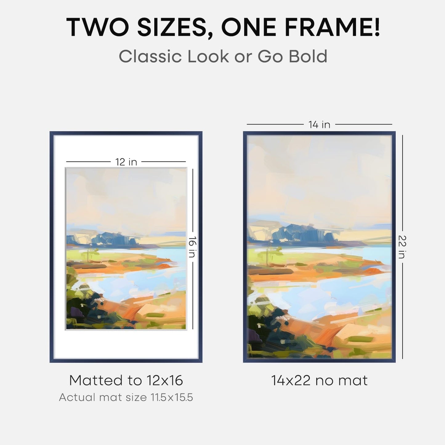 Homeforia 14x22 Picture Frame Navy Blue, High End Metal 14x22 Poster Frames with Mat 12x16 inch Photo, 14 x 22 Navy Blue Frame Matted to 12 by 16 Print, 22x14 Frame, Tempered Glass, Wall Kit, Set of 1
