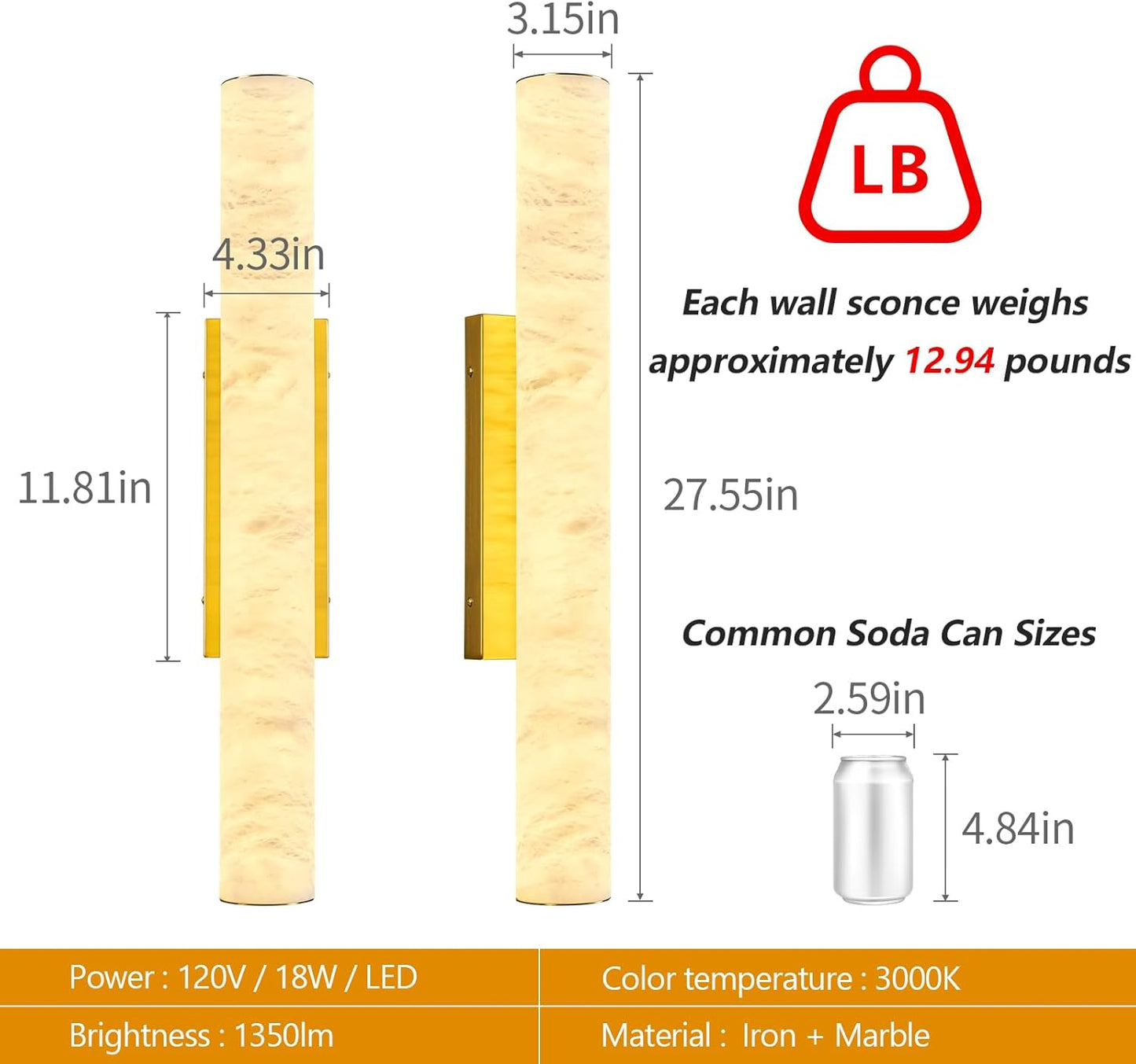 LMQNINE Natural Alabaster Wall Sconces Spanish Marble Wall Light Cylinder Modern Gold LED Sconce for Living Room Bedroom Bathroom Stairs（M-1Pack）