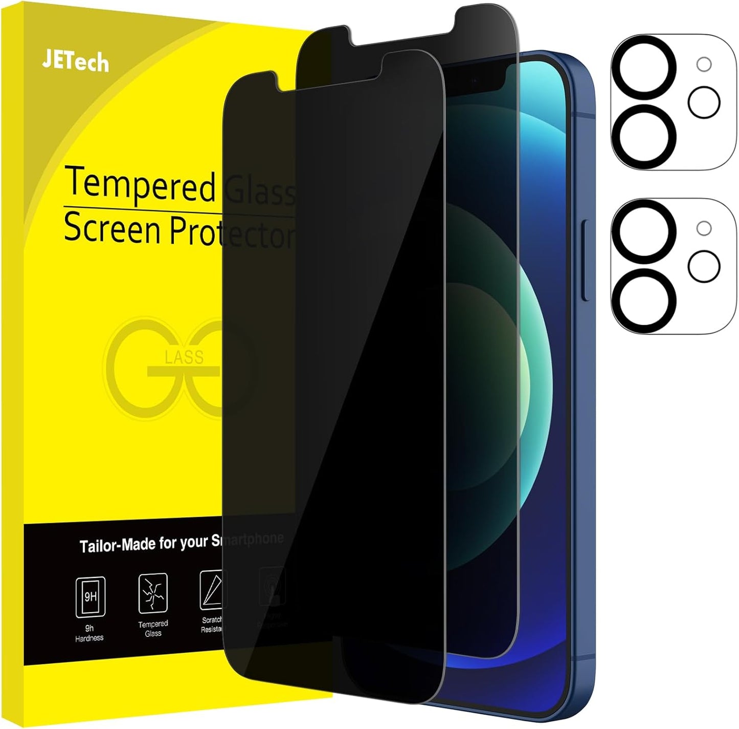 JETech Privacy Screen Protector for iPhone 12 6.1-Inch with Camera Lens Protector, Anti Spy Tempered Glass Film, 2-Pack Each