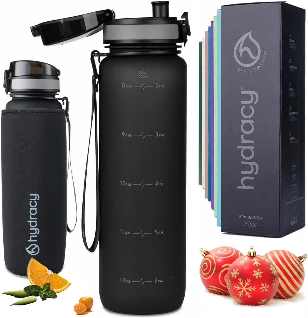 Hydracy Water Bottle with Time Marker -Large BPA Free Water Bottle & No Sweat Sleeve -Leak Proof Gym Bottle with Fruit Infuser Strainer & Times to Drink -Ideal for Fitness Sports & Outdoors