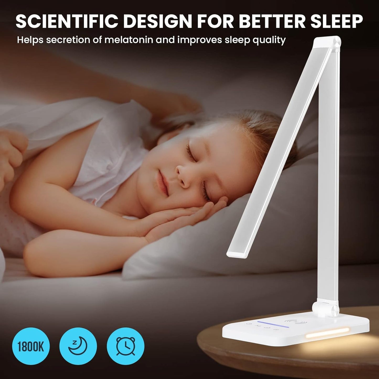 LED Desk Lamp with Night Light, Fast Wireless Charger, USB Charging Port, 10 Brightness, 5 Color Modes, Dimmable Bedside Table Lamp for Bedroom, Touch Control, Auto Timer, 1200Lux Super Bright