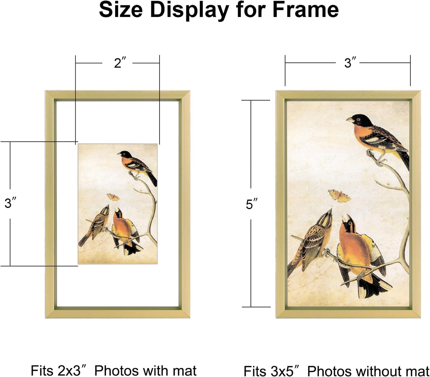 3x5 Picture Frame Set of 3, Brass Aluminum Metal Photo Frames with HD Glass, Fits 2x3 with Mat or 3 x 5 without Mat, Display for Wall and Table