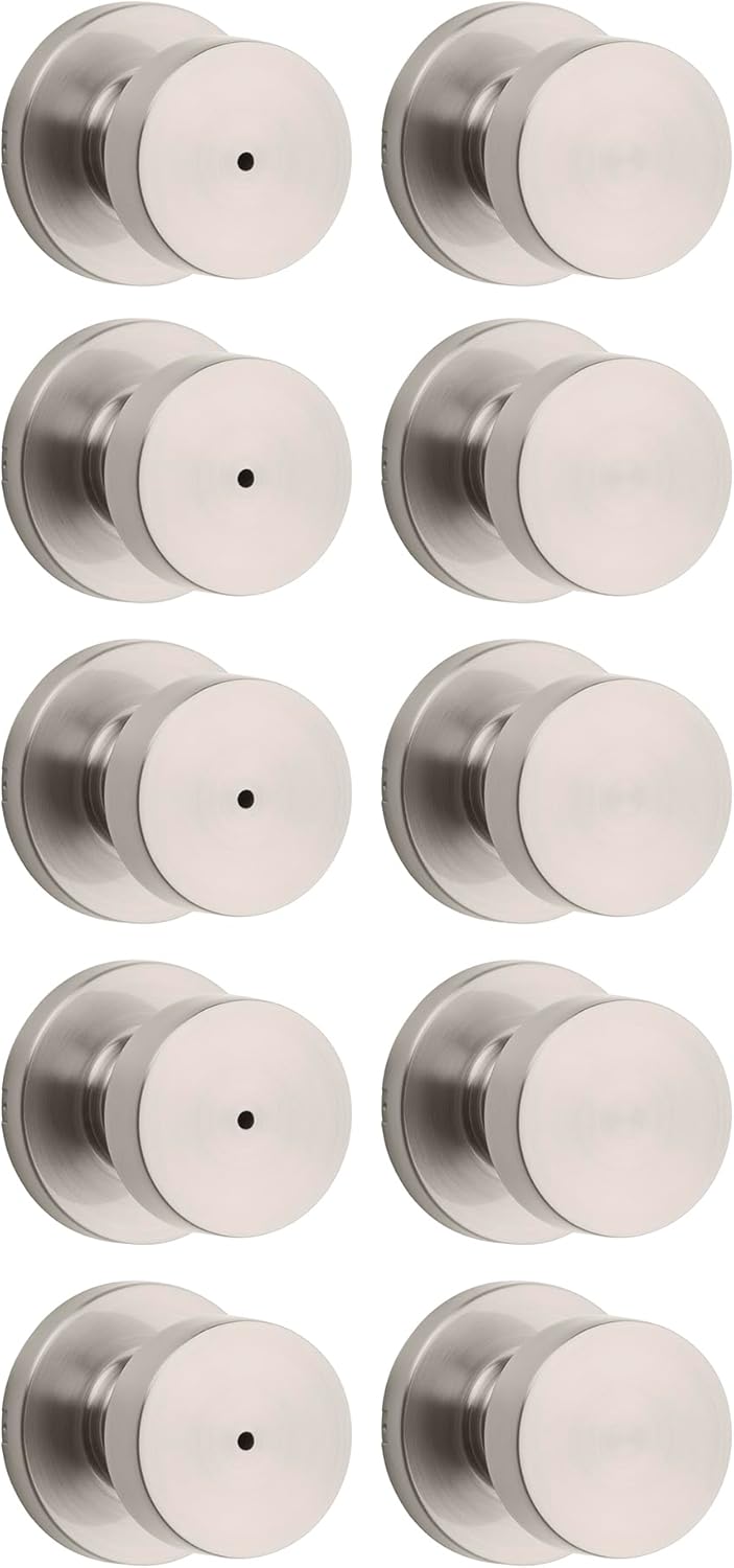 Kwikset Pismo Door Knob Set, 10 Pack with 5 Non-Locking Passage and 5 Locking Keyless Privacy Handles, with Round Rose, Featuring Microban Protection in Satin Nickel