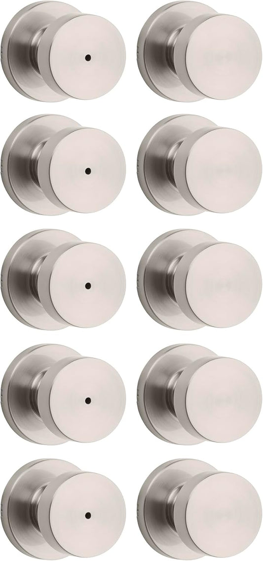 Kwikset Pismo Door Knob Set, 10 Pack with 5 Non-Locking Passage and 5 Locking Keyless Privacy Handles, with Round Rose, Featuring Microban Protection in Satin Nickel