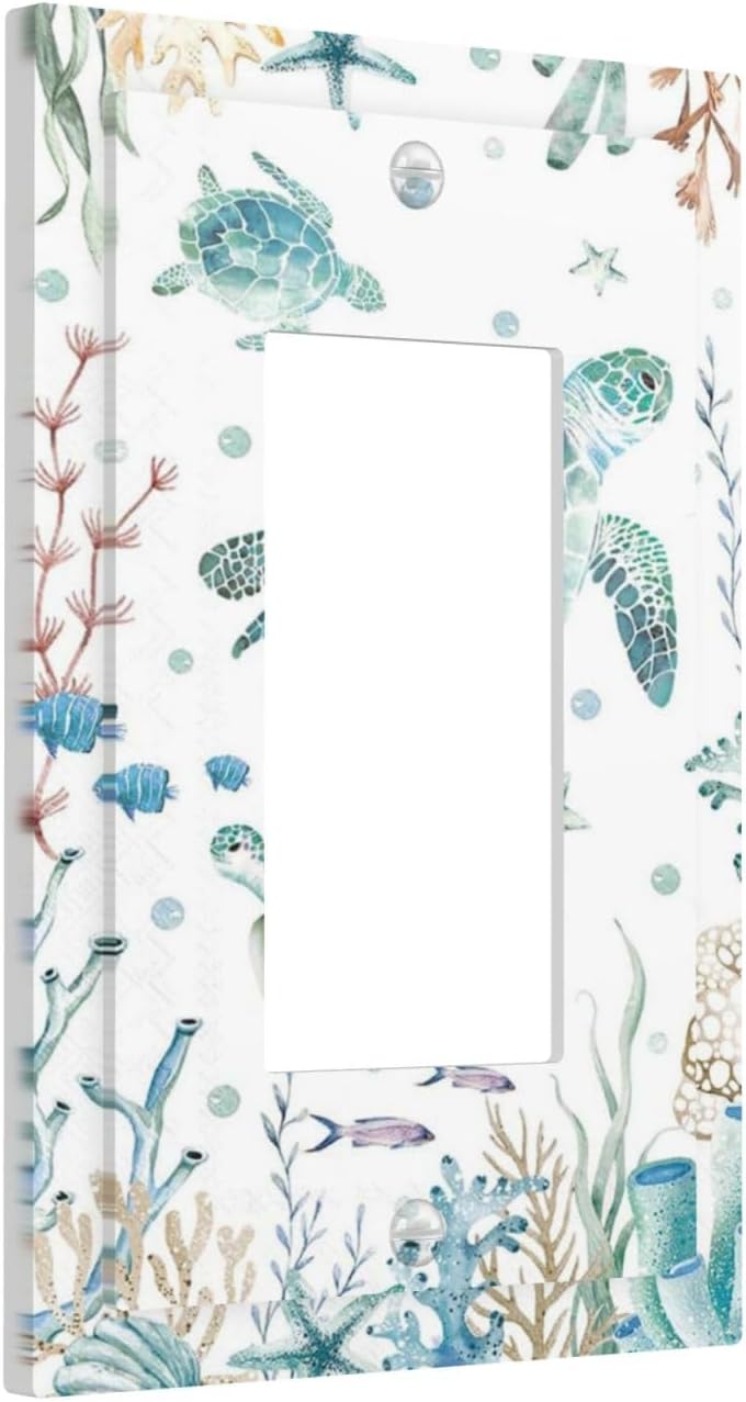 Sea Turtle Ocean Starfish Fish Coral Pearl Decorative Outlet Covers 1 Gang Single Rocker Light Switch Cover Plate Wall Plates GFCI Faceplate for Bathroom Kids Room Decor
