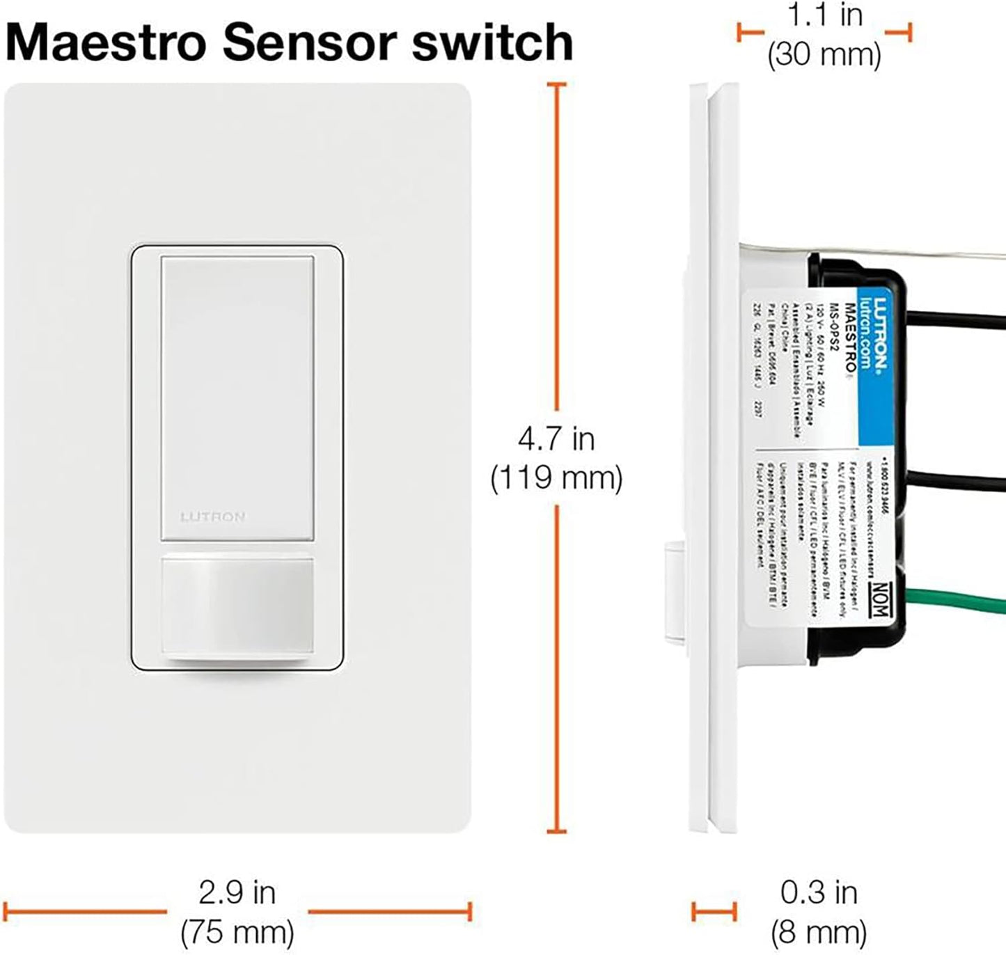 Lutron Maestro Motion Sensor Light Switch Indoor for Bathroom, Garage, Laundry Room, Closet, Occupancy Sensor Light Switch, Single-Pole, No Neutral, MS-OPS5M-WH, 3 Pack