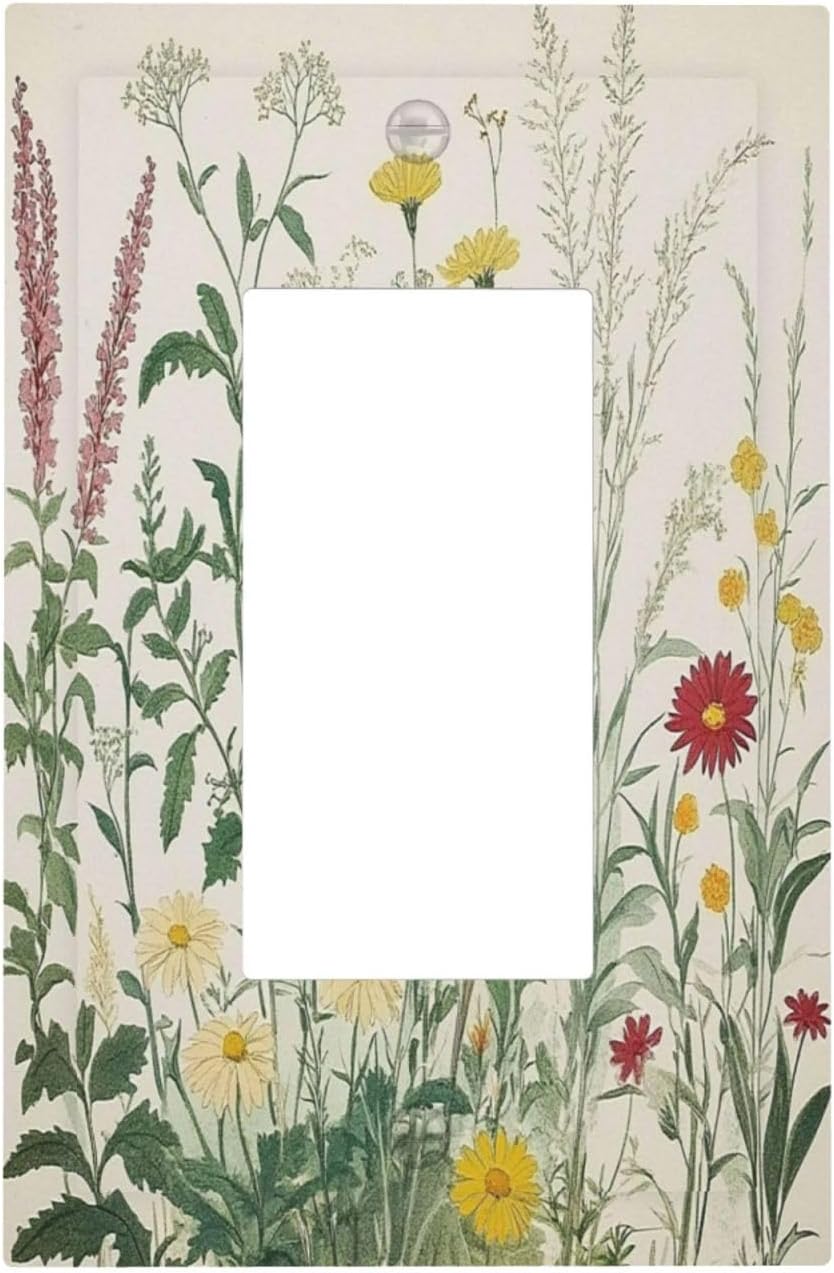 Rustic Wildflower Green Plants Daisy Floral Decorative Outlet Covers 1 Gang Single Rocker Light Switch Cover Plate Wall Plates Gfci Faceplate For Farmhouse Bed Room Decor