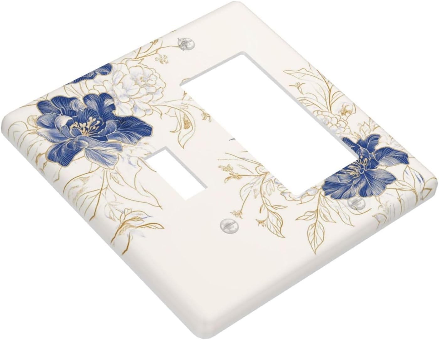 Decorative Outlet Covers Rustic Blue Flower Floral Gold Leaf 2 Gang Light Switch Cover Plate Single Toggle 1 Rocker Wall Plates for Electrical Outlets Switch Plate Covers for Home Decor