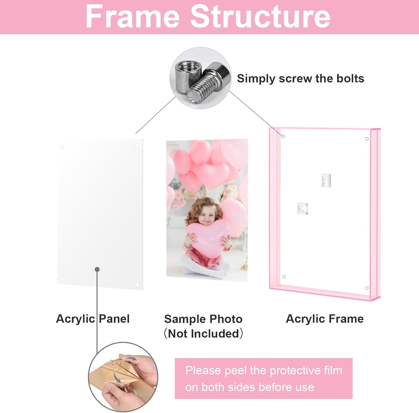 5x7 Picture Frames, Stunning Color Acrylic Photo Frame, Wall & Tabletop Display Frames, Modern Floating Style for Home Office Decoration, Pink (1 Pack)