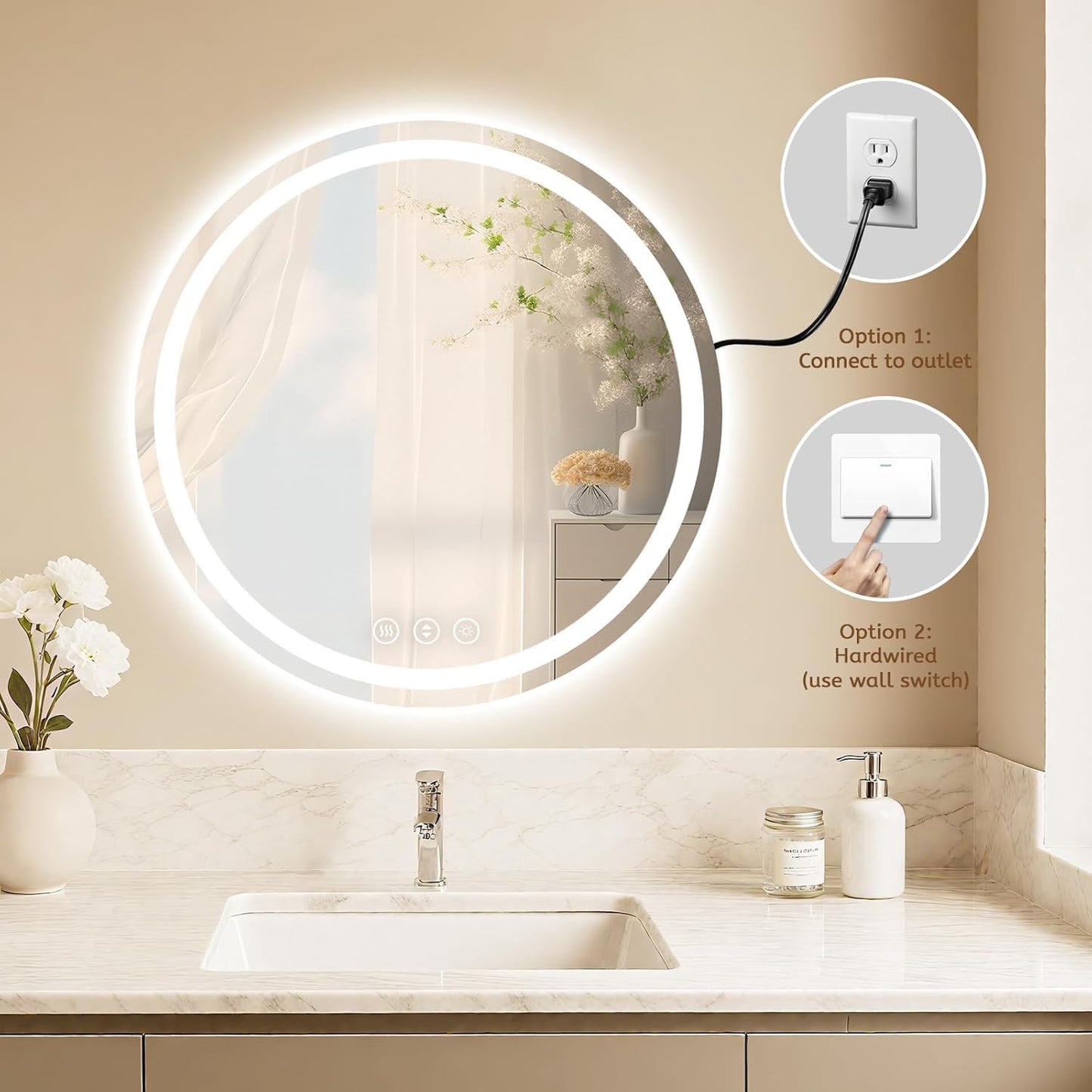 Led Bathroom Mirror with Lights, Anti-Fog & Tri-Color Lighting - Wall Mounted Shaving Mirror with Touch Sensor, Waterproof Smart LED Vanity Mirror Tempered Glass Dimmable (24" L x 24" W)