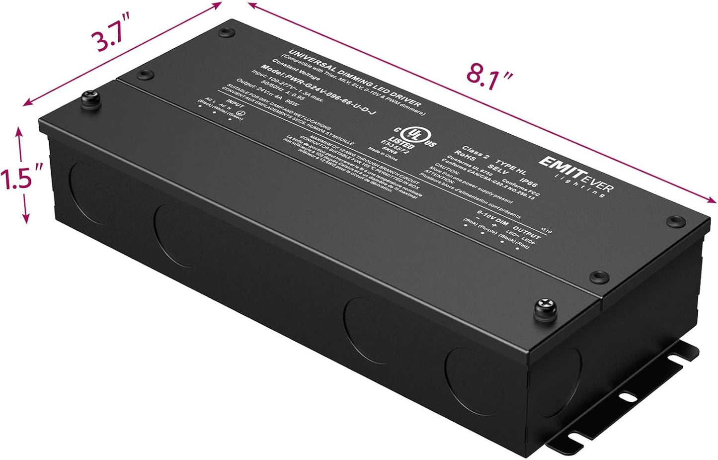 EMITEVER 96W Dimmable LED Driver,24V Dimmable Power Supply,AC to DC Transformer for LED Light,5-in-1 Dimming: ELV/MLV/TRIAC/ 0-10V/ 1-10V/10V PWM/Potentiometer,Waterproof IP67 and UL Listed,Class 2